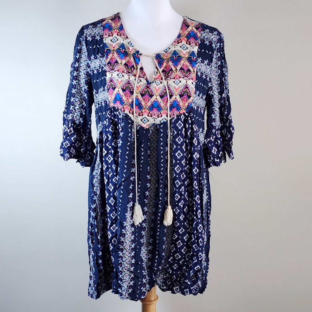 Umgee Tunic Top Womens Large Navy Blue Geometric Boho Tassel Bell Sleeve Prairie
